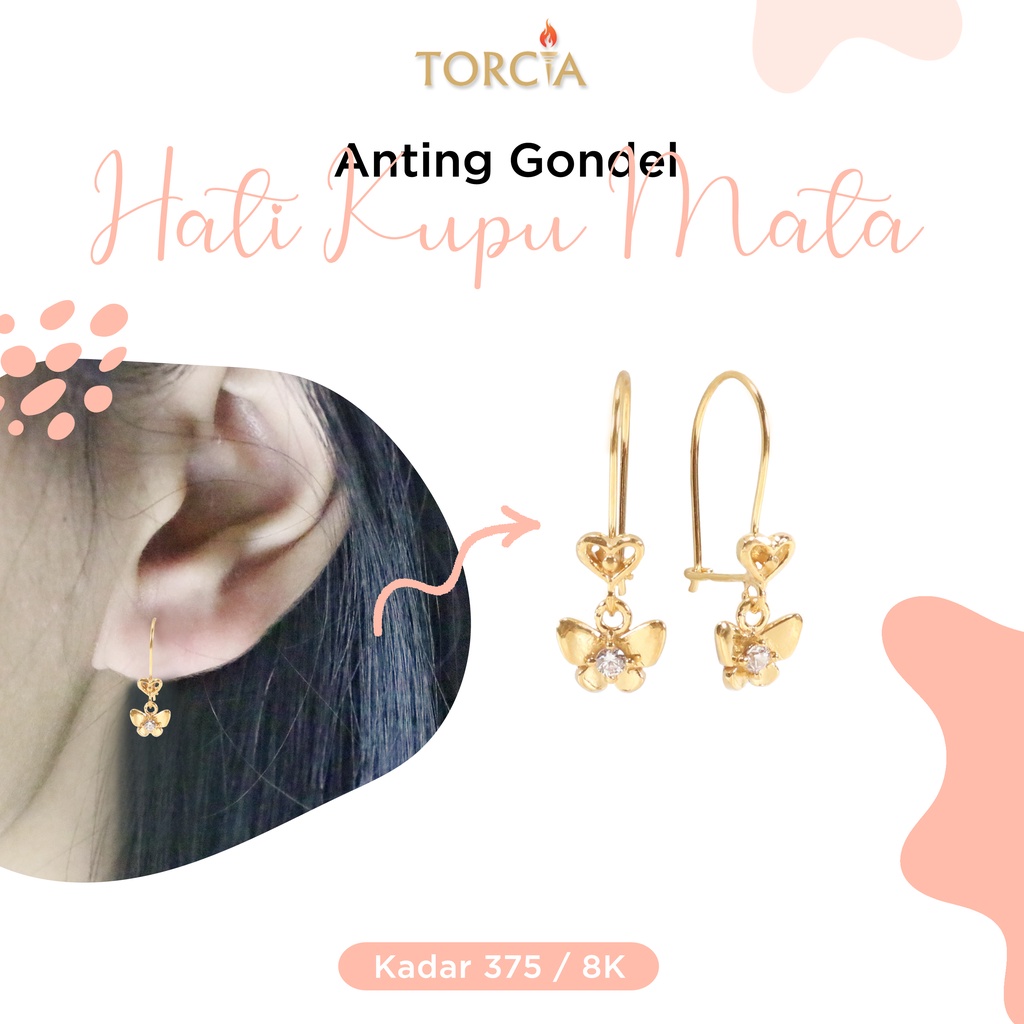 Anting Gondel Emas Asli Hati Kupu-Kupu Mata Kadar 375 Torcia
