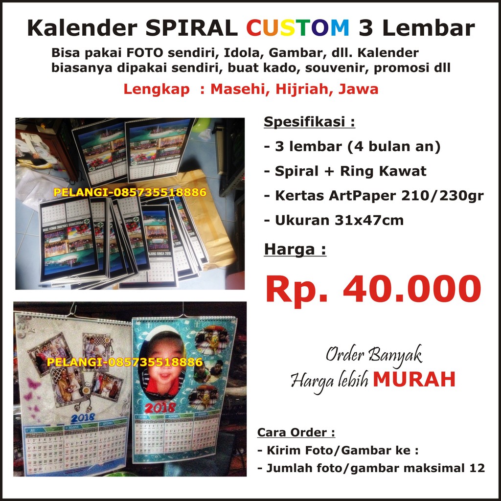 Kalender 2020 Spiral 3 Lembar Lengkap Masehi Jawa Arab Foto Custom Kado Souvenir