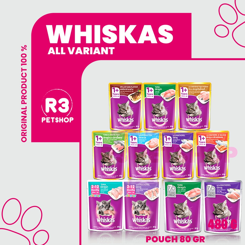 Makanan basah murah untuk Kucing WHISKAS Pouch 80gr All Varian