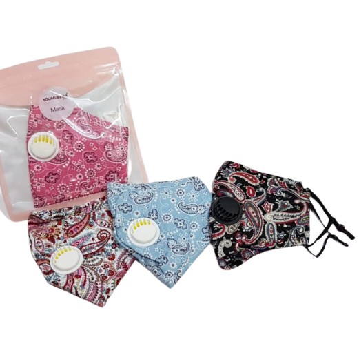 Masker mulut Dewasa KATUP RESPIRATOR motif Batik Filter Penyaring Kain Cotton Earloop Adjustable