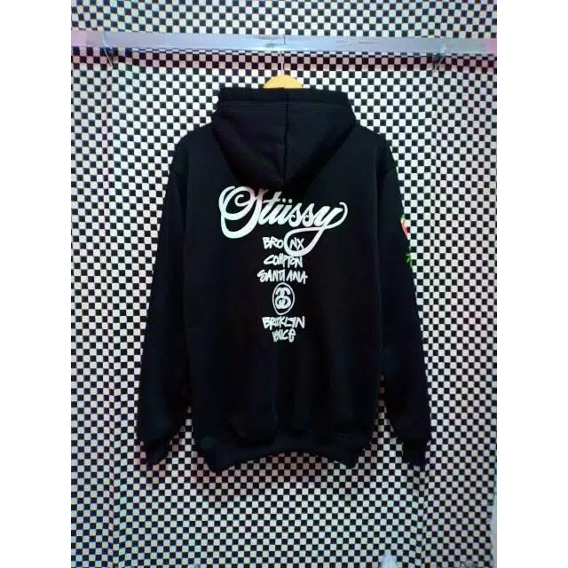 Hoodie Sweater Stussy Putih Motip Bendera Pria/Wanita