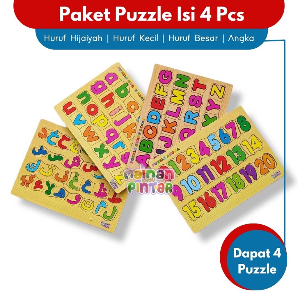 Mainan Edukasi Anak Paket Puzzle Kayu Isi 4 Huruf Hijaiyah Arab Huruf Besar Kecil Angka 0-20