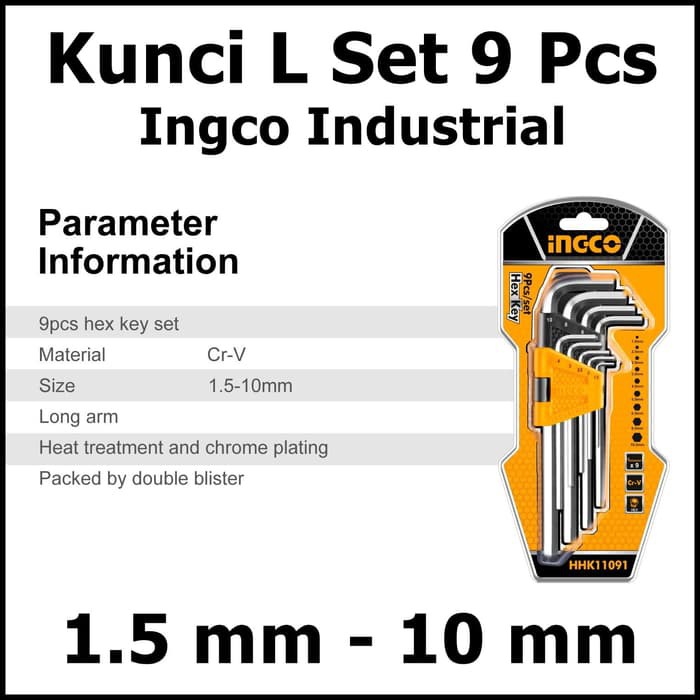 Kunci L Panjang Set 9 Pcs Hex Key Ingco Industrial Cr V 1.5 - 10mm