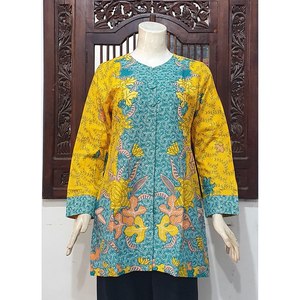 Atasan Blouse Batik MOSA Wanita Blus Lengan Panjang Kancing Depan. Motif Ganggang Neo Kuning Batik M