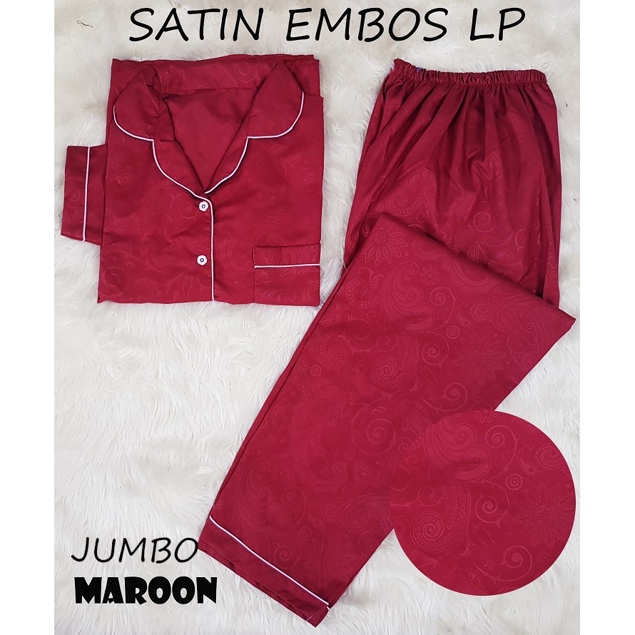 HipNop SATIN LP EMBOS JUMBO BAJU TIDUR WANITA LENGAN PANJANG PIYAMA CEWE CEWEK SLEEPWEAR MAROON