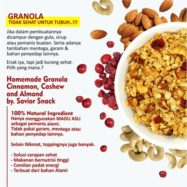 GRANOLA CRUNCHY CINNAMON CASHEW ALMOND - SEREAL MAKANAN SEHAT SARAPAN PRAKTIS BERGIZI TINGGI NUTRISI BAHAN ORGANIK ALAMI TANPA PENGAWET - HIGH QUALITY - SAVIOR SNACK - GRANOLA SWEET HONEY 120g