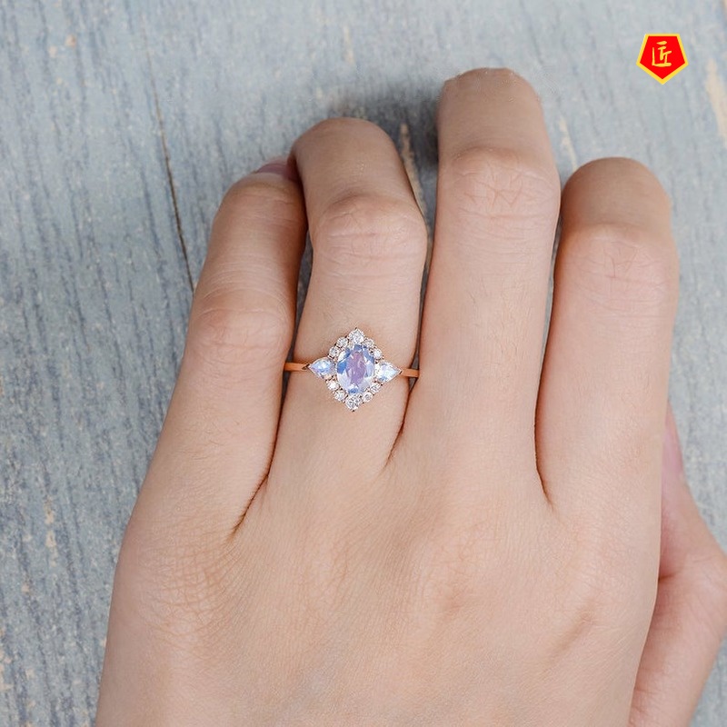 [Ready Stock]New Inlaid Moonstone Opal Ring Classic Elegant