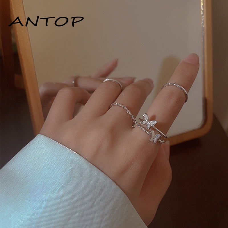 4 Pcs/set 925 Fashion Perak Cincin Set Kupu-kupu Berlian Imitasi Wanita Jari Cincin Perhiasan Aksesoris ANTOP