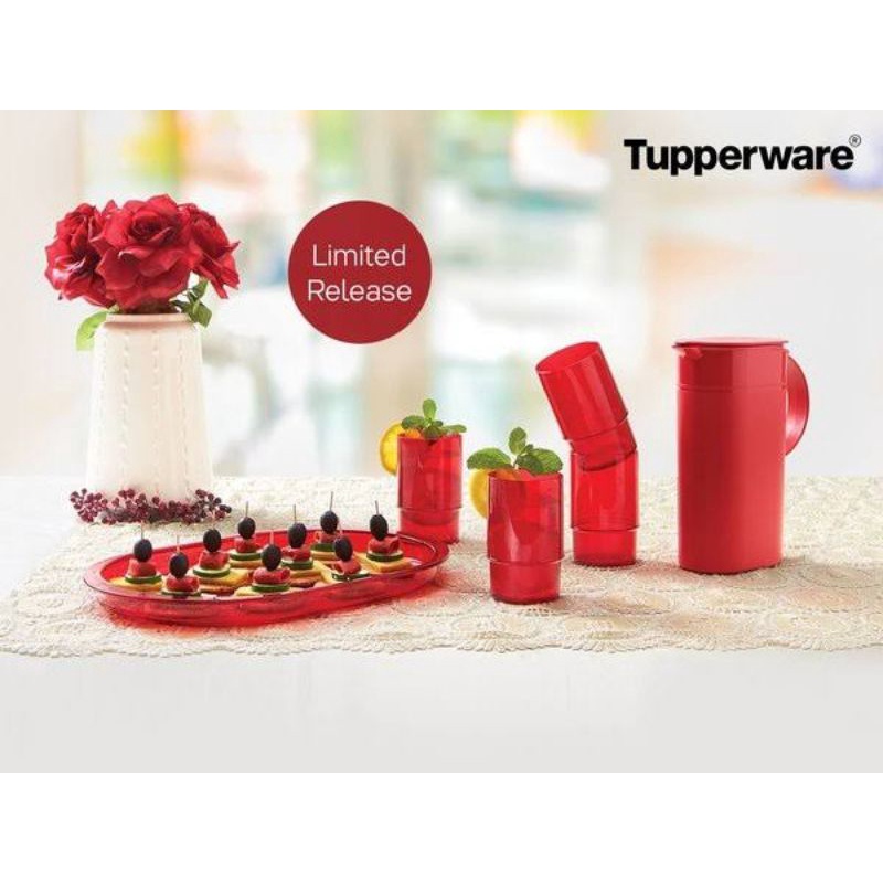 Tupperware Classy Red Collection | 4gelas + 1teko + 1nampan Set Hari Raya Tupperware