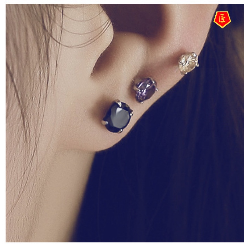 [Ready Stock]Fashion Simple Silver Amethyst Four-Claw Stud Earrings