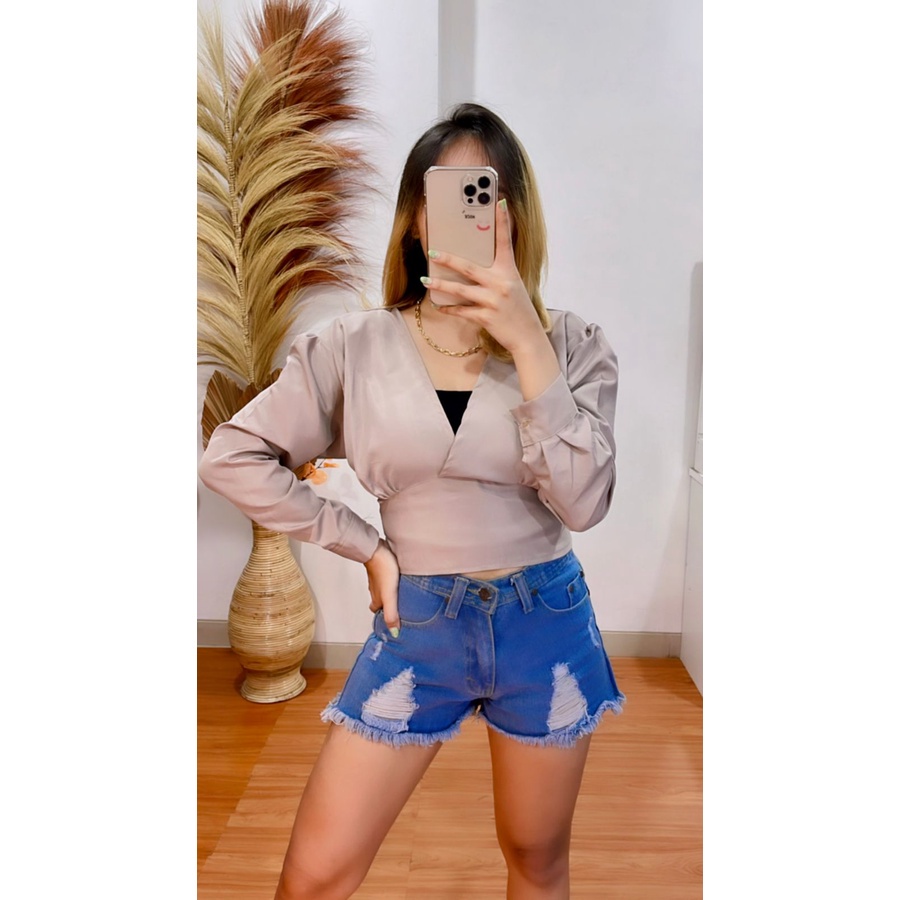 BEFAST - ZRX OOTD Wanita Blouse UMJIA / Korean Long Sleeve Crop Top Blouse Atasan Lengan Panjang / Blouse Leher V / VBlouse Kekinian Remaja Wanita / Blouse Polos Casual / Blouse Trendy / Keluaran Terbaru 2022 / Termurah