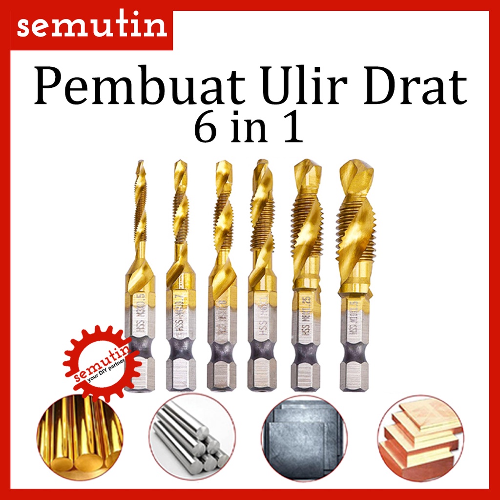 Jual Pembuat Ulir Drat 6 In 1 6pcs Mata Bor Drill Bit Drilling Tap Tapping Deburring Twist