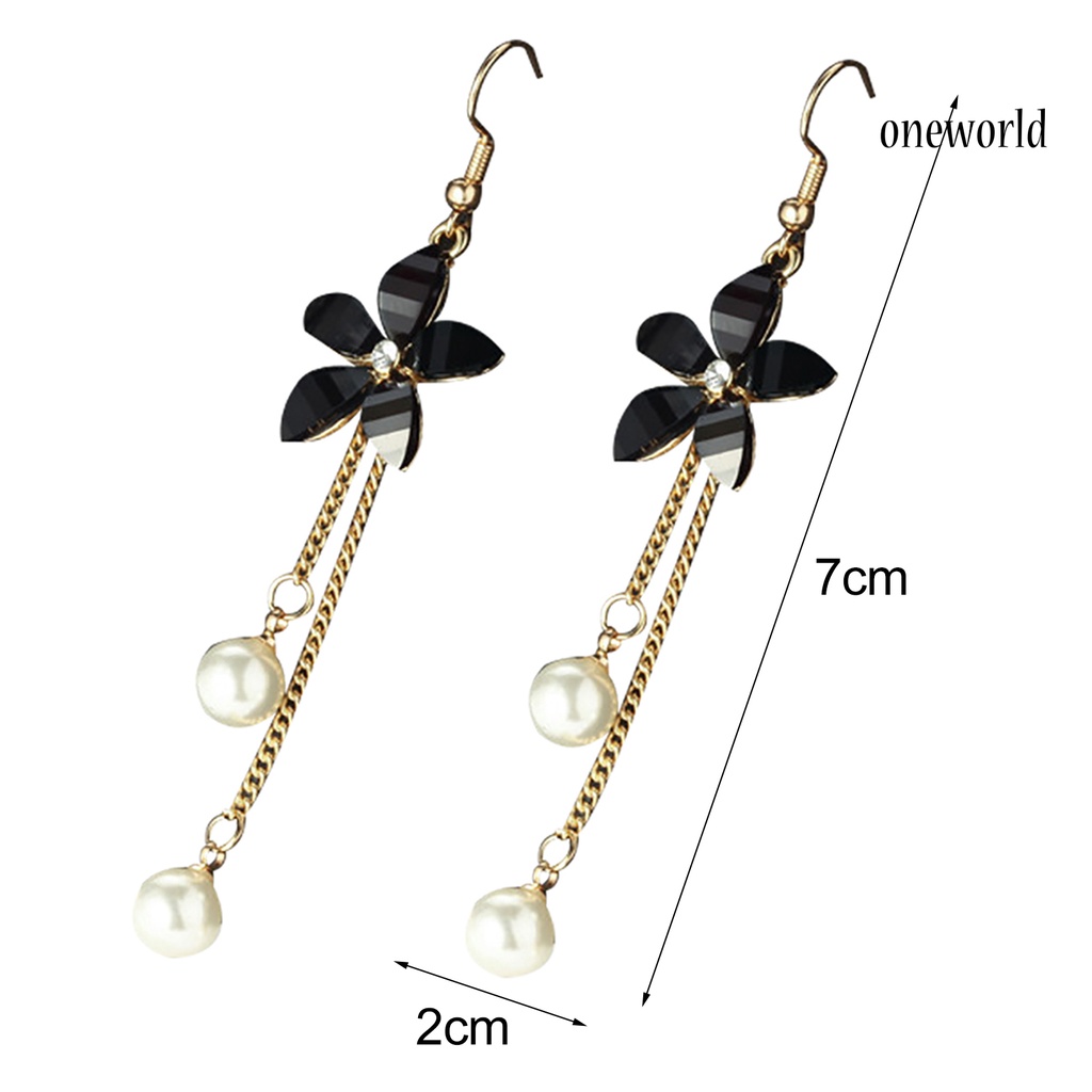 OW@ Earrings Flower Fake Pearl Pendant Elegant Alloy Long Chain Dangle Hook Earrings for Girl