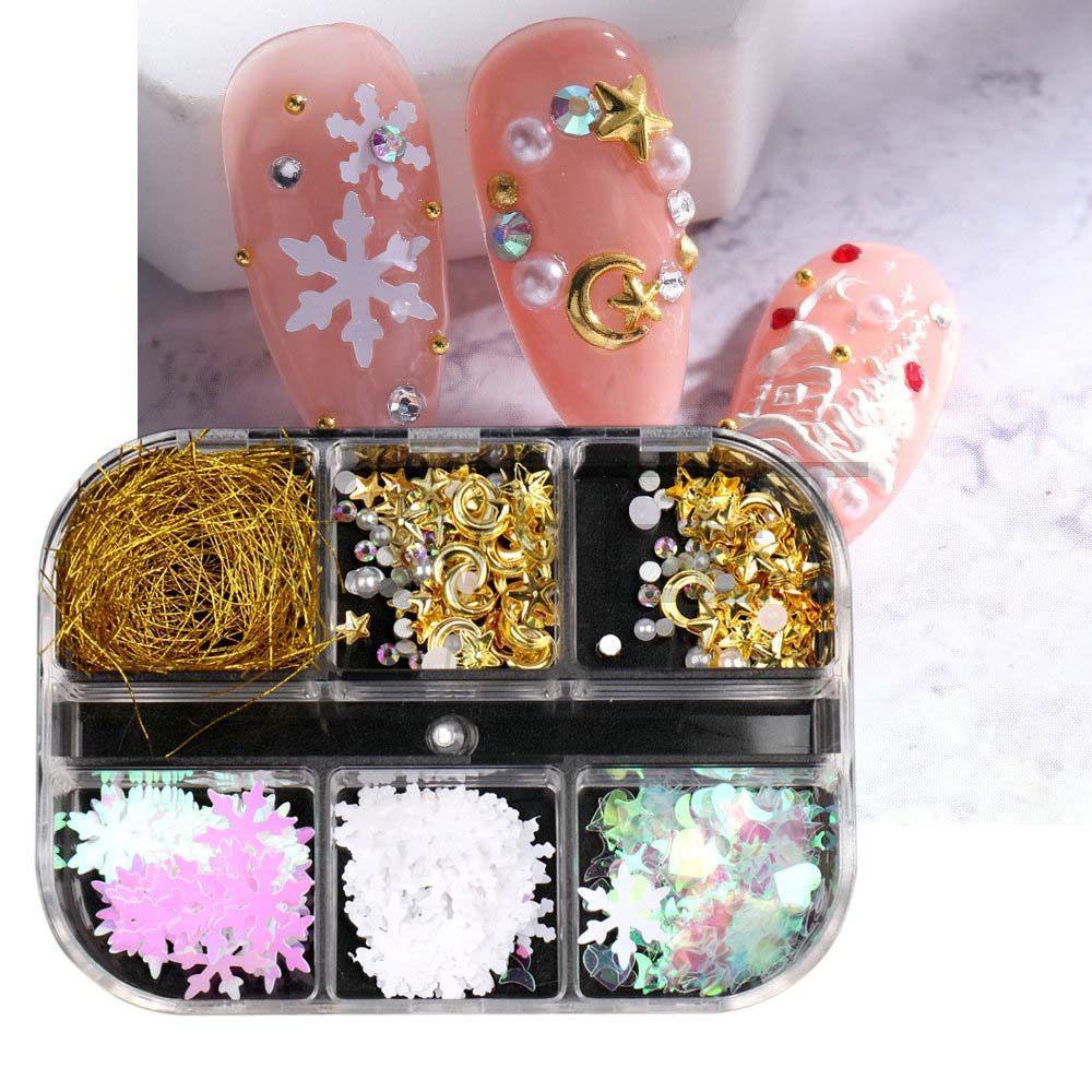 AUGUSTINA Agustinina Natal Kuku Serpihan Bulan Bintang 6kisi Pohon Natal Snowman Nail Art Perhiasan Snowflake Nails Flakes