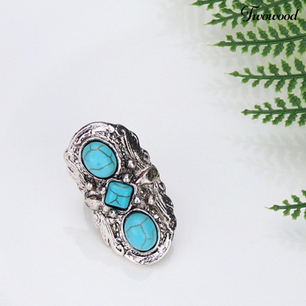 Twowood Stone Rings Bohemian Style Adjustable Green Stone Carved Flower Oval Opening Ring for Party