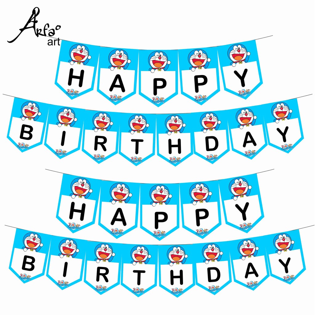 Bunting Flag Karakter / Banner Ultah Ulang Tahun Doraemon / Banner Happy Birthday Doraemon Murah