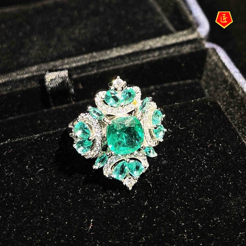 [Ready Stock]Elegant Micro-Inlaid Full Diamond Natural Palaiba Green Rhinestone Ring