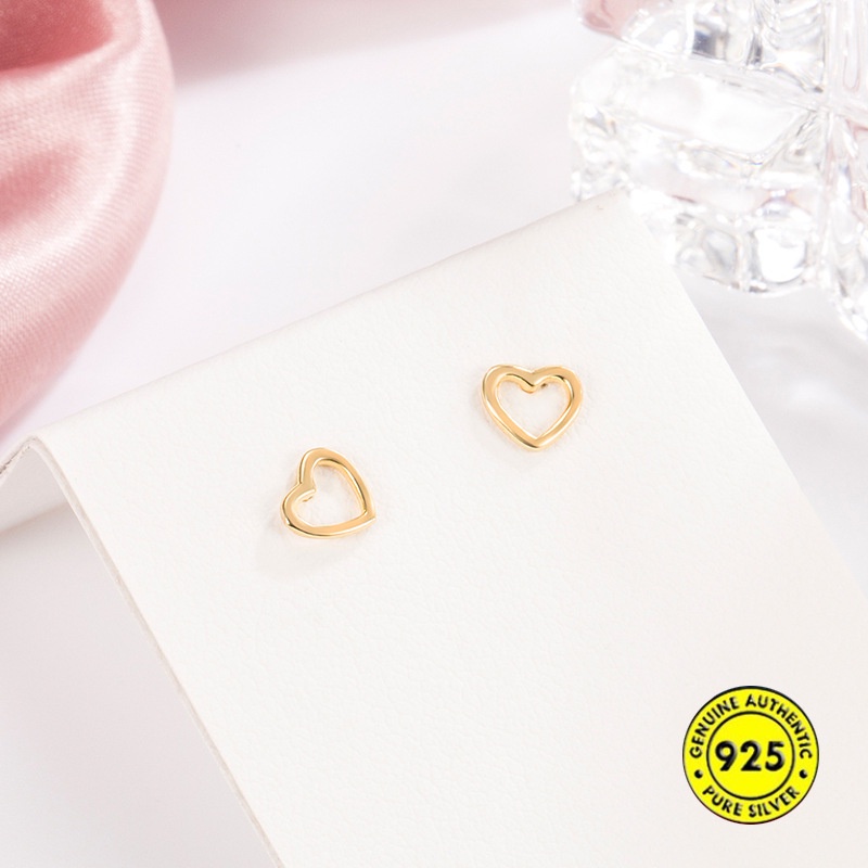 Anting Stud S925 Silver Bentuk Hati Model Hollow Untuk Wanita