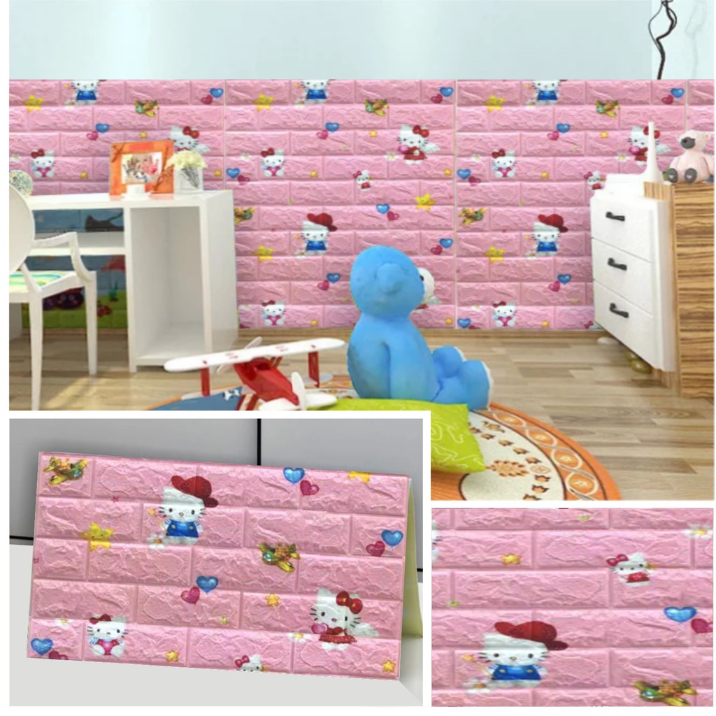 Wallpaper 3d foam busa motif hello kitty pink series 70x70 cm per lembar tebal 6mm foam