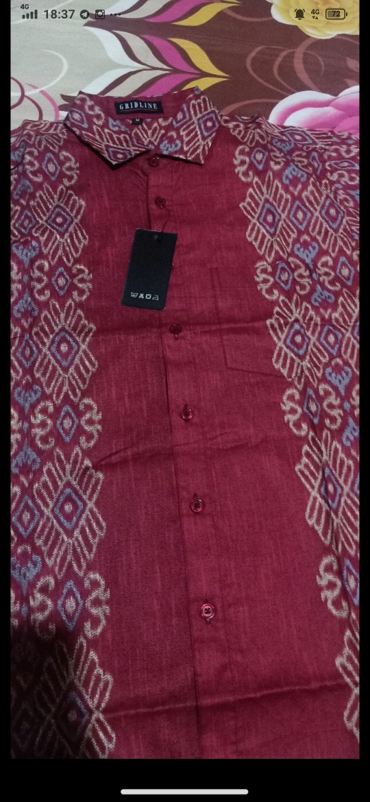 [gridline - R070 Maroon & Steel Blue] Kemeja Batik Pria Katun Lengan Pendek Regular Songket Seragam