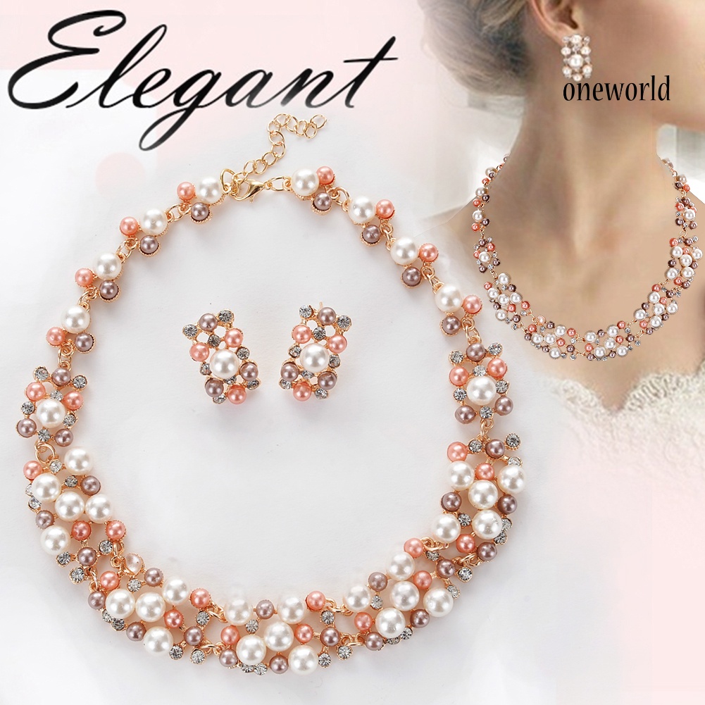 OW@ 2Pcs Women Fashion Faux Pearl Rhinestone Inlaid Necklace Earrings Jewelry Set