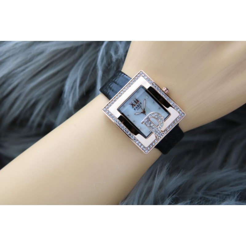 Jam Tangan Wanita Paris Kotak Diamond Tali Kulit