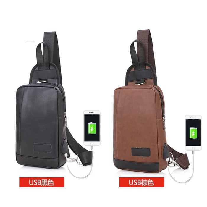 66 Tas Selempang Kulit Pria Sling Bag USB - Hitam