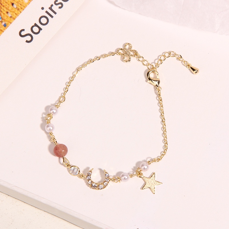 HC Gelang Couple Gelang Mutiara Gelang Rantai Sederhana Wanita Korea Aksesoris Fashion Wanita Gelang Rantai Adjustable Simple Model Bulan Bintang Unisex-HC8640 PINK