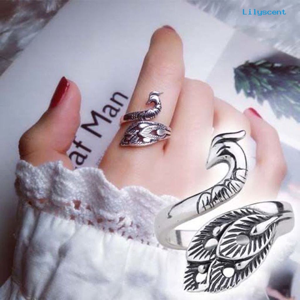 Ls Cincin Open Ring Adjustable Desain Burung Merak Warna Silver Gaya Retro