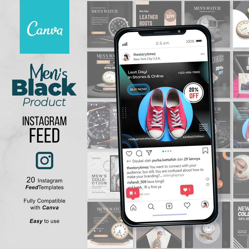 (20 Feed) Template Instagram untuk Produk Pria, Sepatu, Jam tangan, elektronik bernuansa hitam - No 