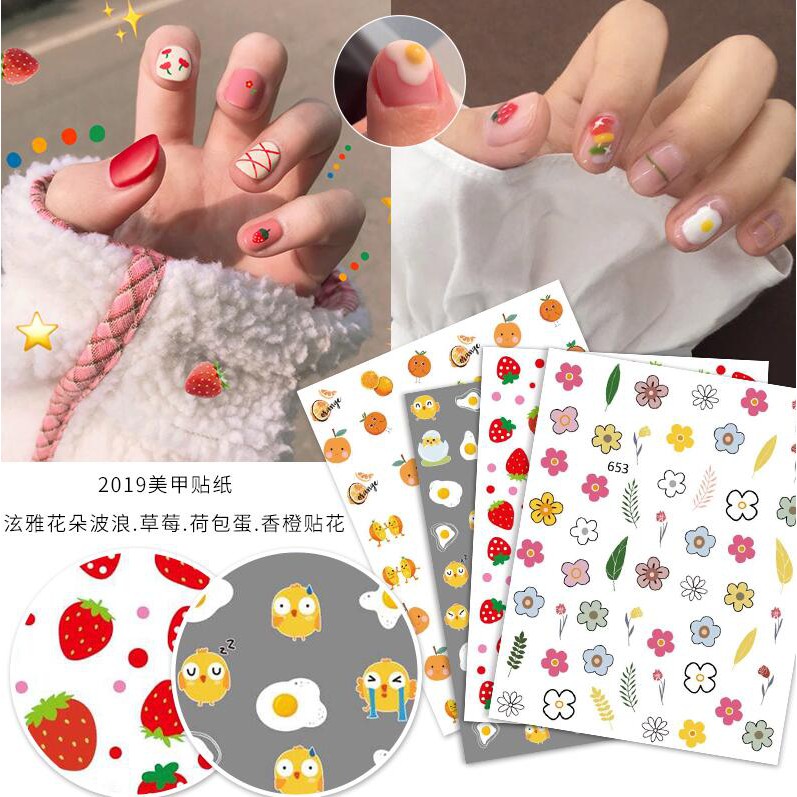 COD/Stiker Patch Motif Buah 3D untuk Nail Art Nail stickers/Stiker kuku/Stiker/Decals/Art stickers/3D kuku applique/ Telur rebus/ Hutan bunga kecil strawberry orange kecil segar stiker kuku ramping