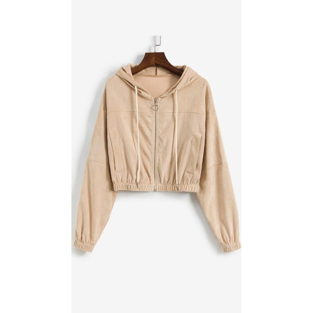 Jaket Corduroy Wanita Hoodie Cream