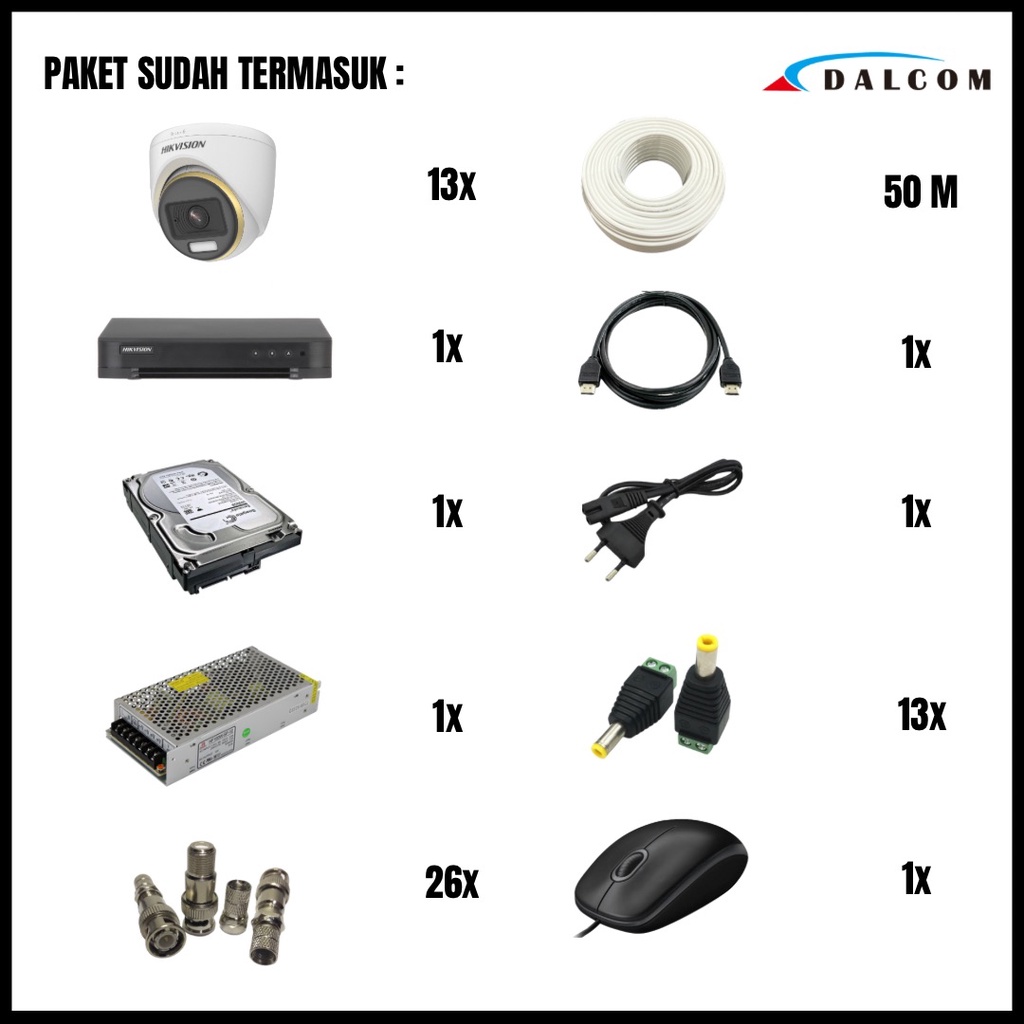 PAKET CCTV HIKVISION COLORVU 2MP 16 CHANNEL 13 CAMERA KAMERA CCTV TURBO HD