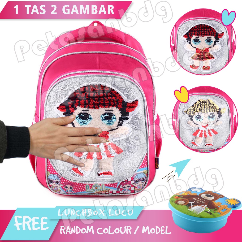 PTS - Tas Usap Ransel Sekolah Anak Perempuan Karakter Lol Surprise GLITTER - Ransel Model Usap / Swipe Glitter + FREE LUNCHBOX UKURAN SD - Ransel Model Usap 15 inch / Tas Usap Ransel Sekolah Anak Sd Sequin / Ransel Punggung Tas Berubah Warna / Gambar