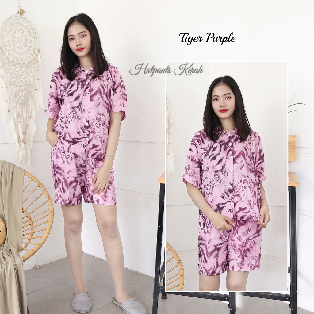 IZANY Piyama Dewasa Hotpant Lengan Balon / HP / Set Celana Pendek Dewasa banyak varian RAYON-TIGER PURPLE RA