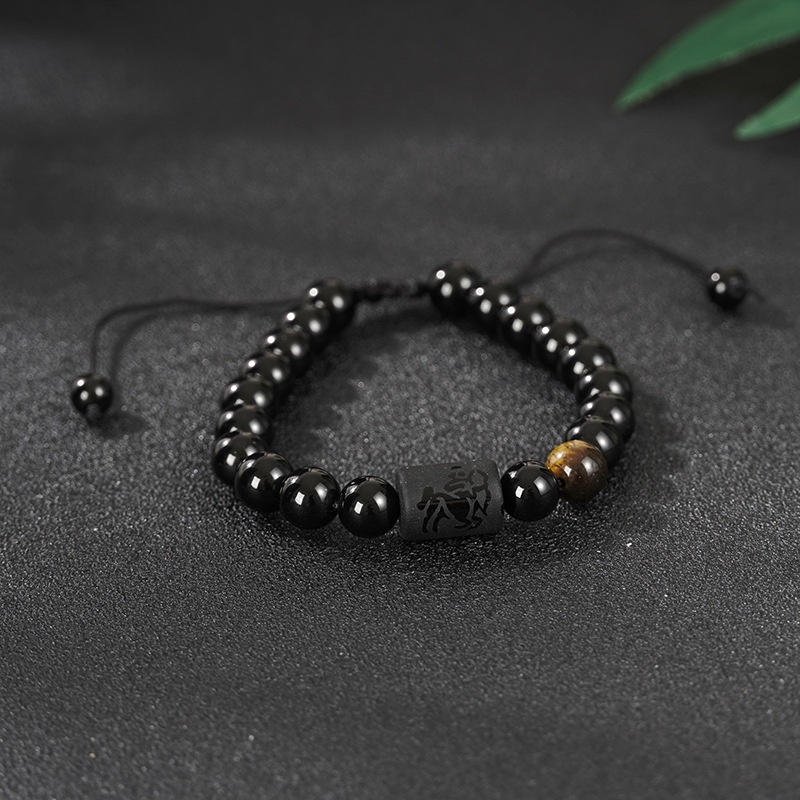 Gelang Manik-Manik Batu Reiki Hitam Ukuran 8mm Desain 12 Rasi Bintang Untuk Pria Dan Wanita