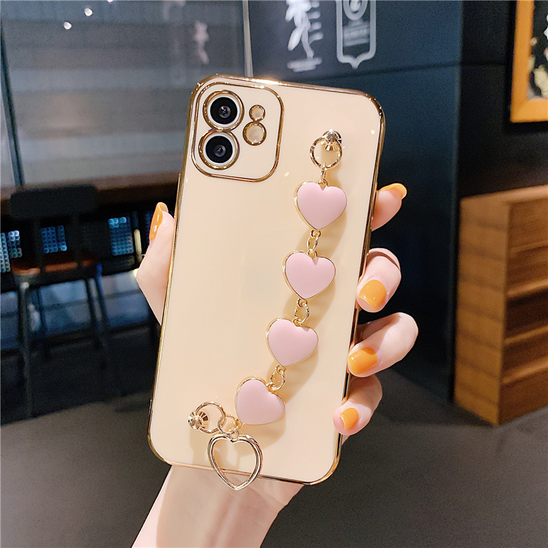 Soft Case Electroplating Motif Hati Dengan Tali Pergelangan Tangan Untuk Iphone 12pro Max 12 Mini 11pro Max Xs Max Xr 7 / 8 / Se 2020 7plus / 8plus