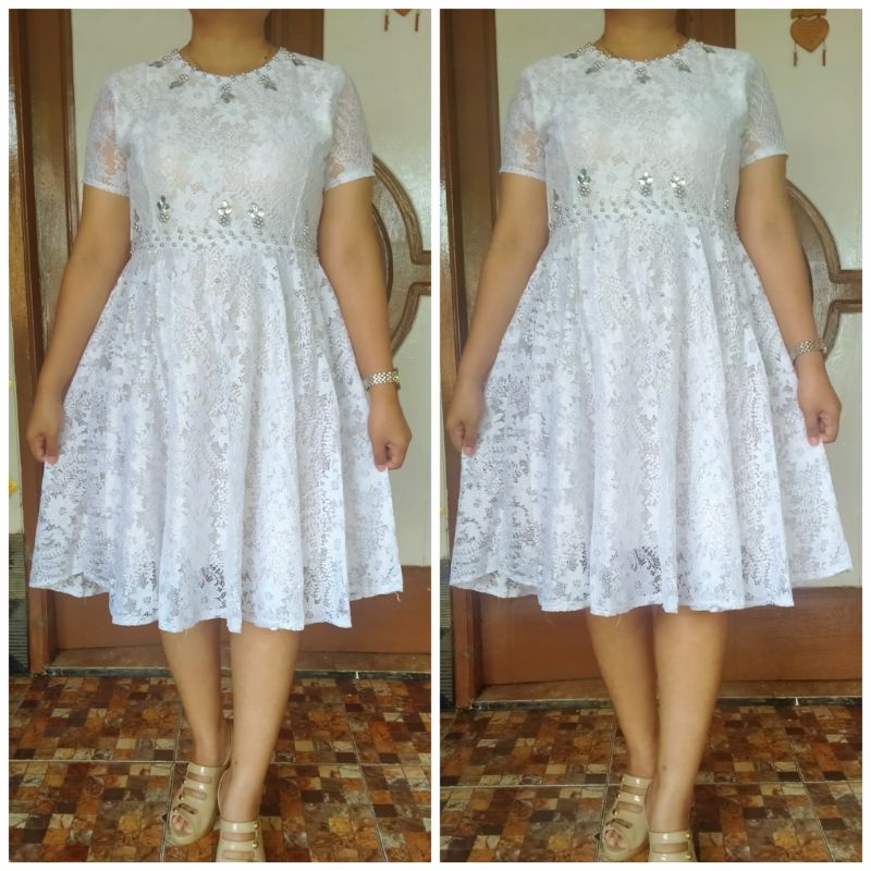 Dress brokat putih lengan pendek payet mutiara s m l pinggang karet