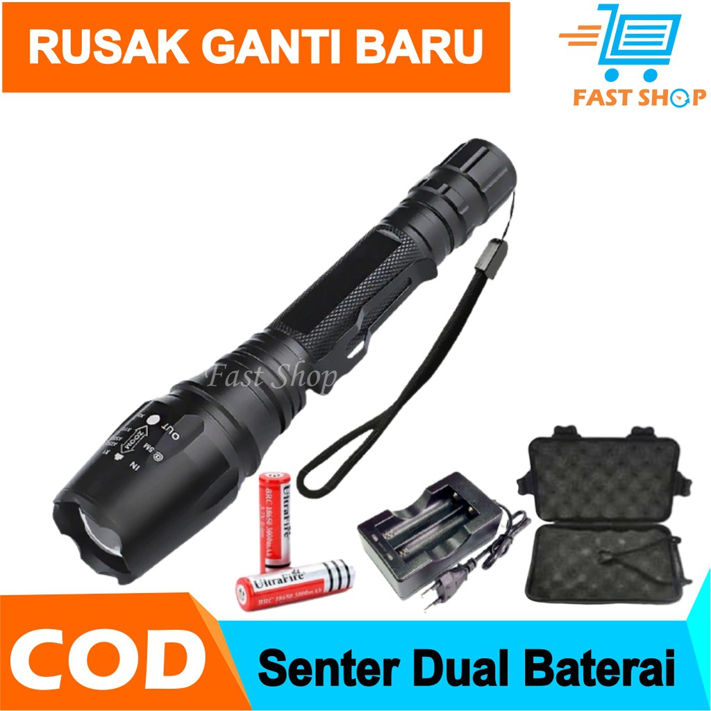 Paket Senter Dual Baterai LED E27 VRtec Cree XM-L T6 3800 Lumens Bonus TAS