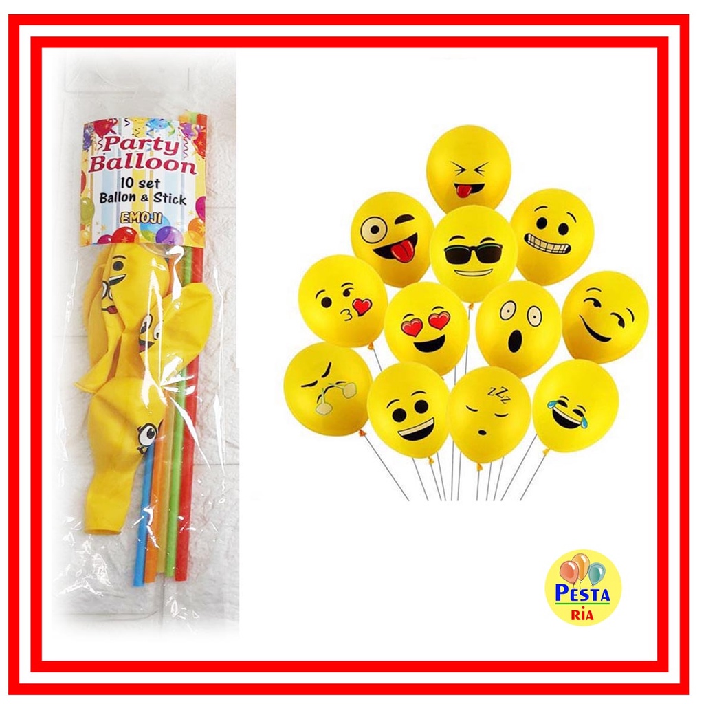 Murah (10Pcs) Stik + Balon karakter Emoji, Stik balon karakter,  Stik+ balon karakter isi 10pcs