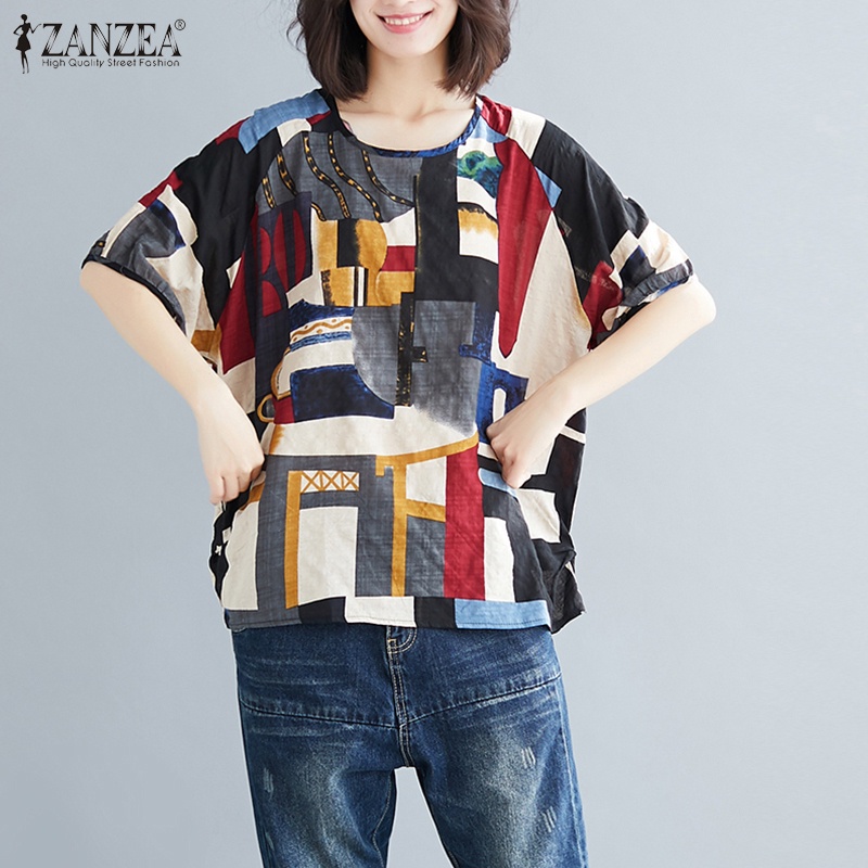 ZANZEA Women Short Sleeve Printed Vintage Casual Loose Blouse