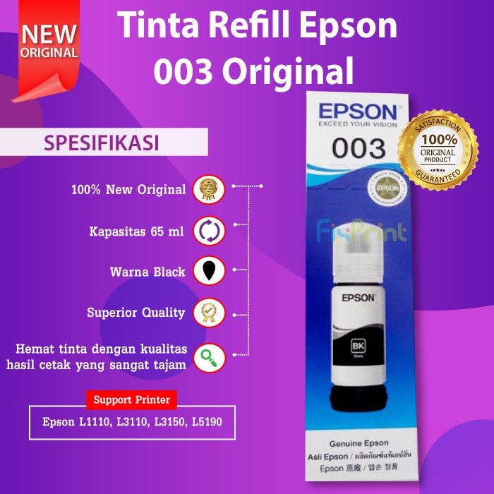 Tinta Epson Original 003 C13T00V Refill Botol Printer Epson L1210 L1250 L3210 L3250 L5290 L1256 L1256 L3216 L3256 L5296 L1110 L3110 L3150 L3116 L3156 L5190 65ml Ori Black Color Hitam Warna Asli Epson Indonesia