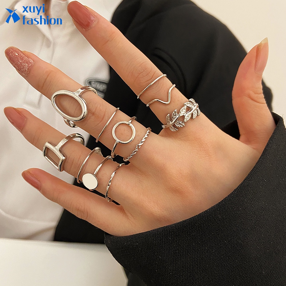 11 Pcs/set Retro Fashion Gold Ring Set Leaves Geometry Sliver Rings Women Jewelry Accessories Gift