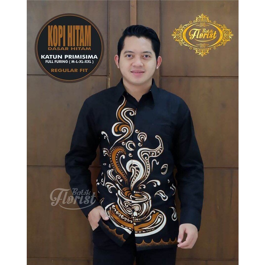 Kemeja batik pria terbaru ori solo / baju batik warna hitam motif kopi / batik lapis furing terbaru