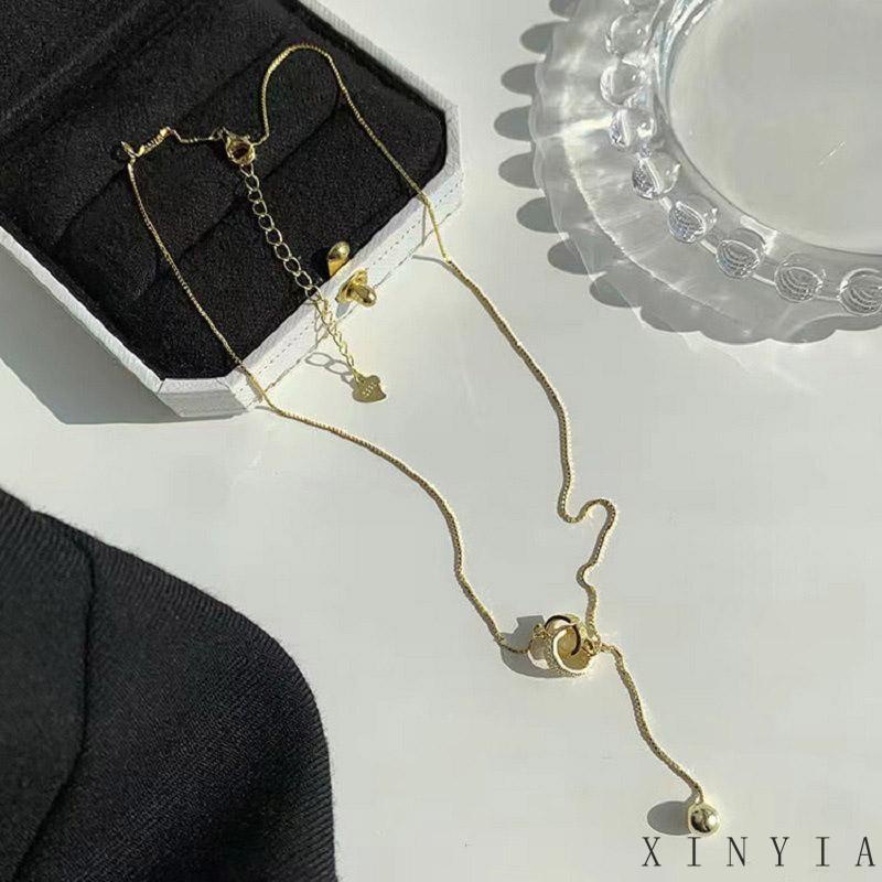 Xia.id Kalung Rantai Wanita Liontin Cincin Ganda Hias Berlian Imitasi