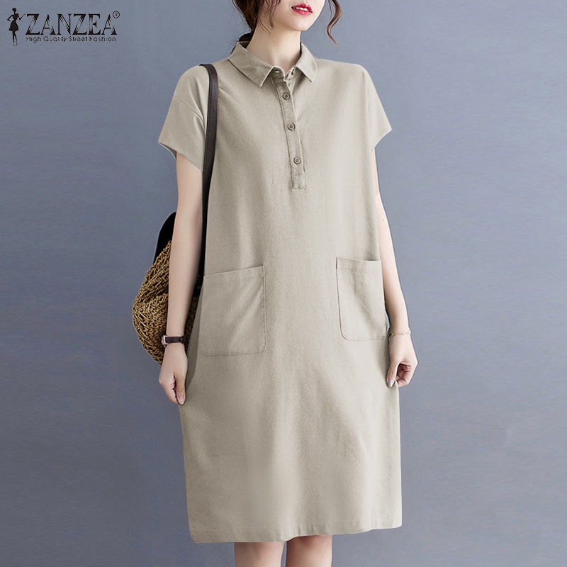 ZANZEA Women ront Pockets Short Sleeve Turn-Down-Collar Solid Color Midi Dress