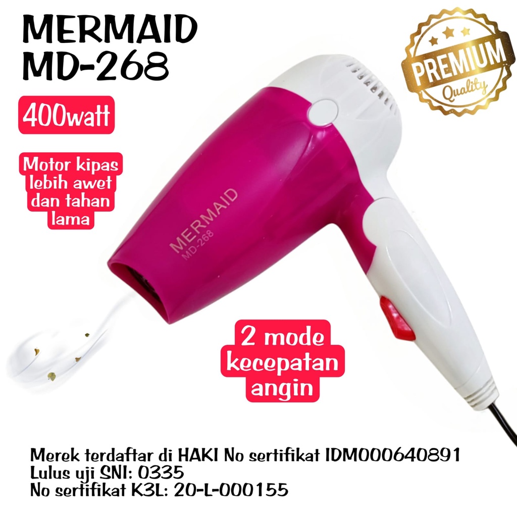 Hair Dryer Pengering Rambut Mini Lipat Mermaid MD-268 ORI