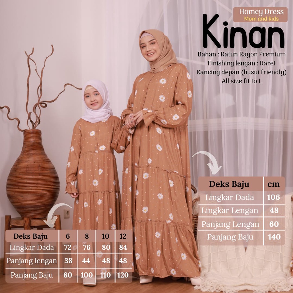 New!! Gamis Dewasa Jumbo/Homey Dress Kinan/Gamis Couple Mom &amp; kids/Bahan Katun Rayon Premium Motif Bunga-Busana Muslimah
