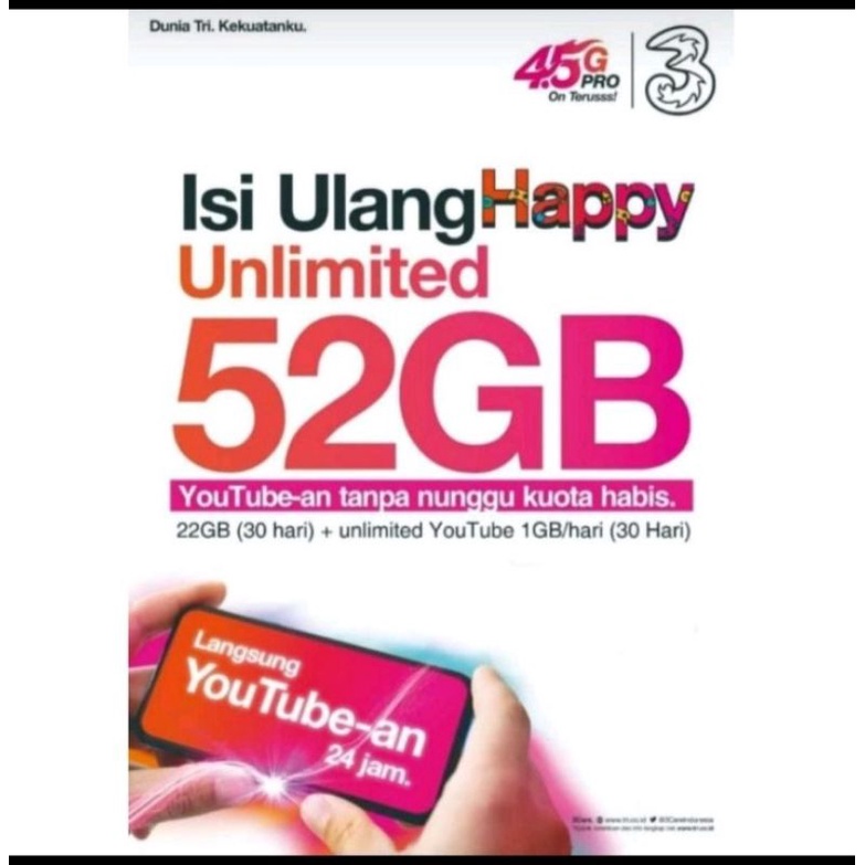 Isi ulang paket 3 happy unlimited 52gb murah