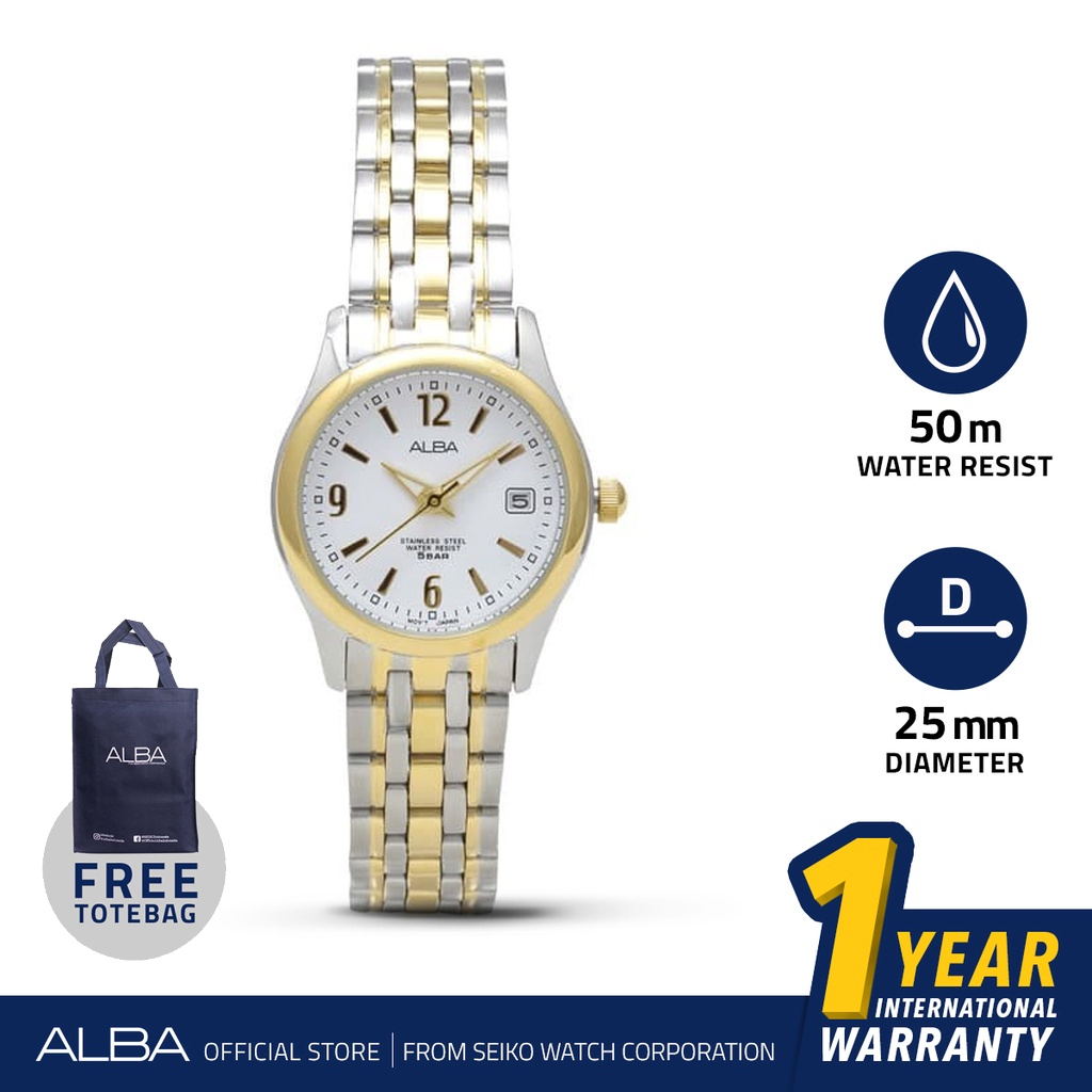 Alba Fashion Jam Tangan Wanita AXT856 / AXT856X1 Quartz White Dial Silver-Gold Two Tone Stainless St